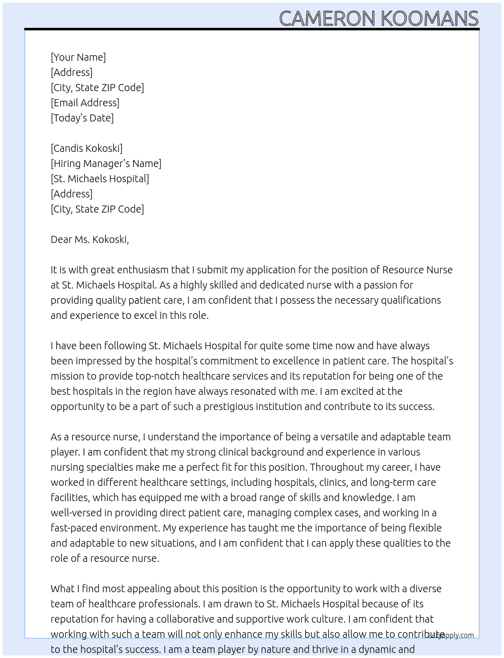 Resource Nurse At St. Michaels Hospital Cover Letter