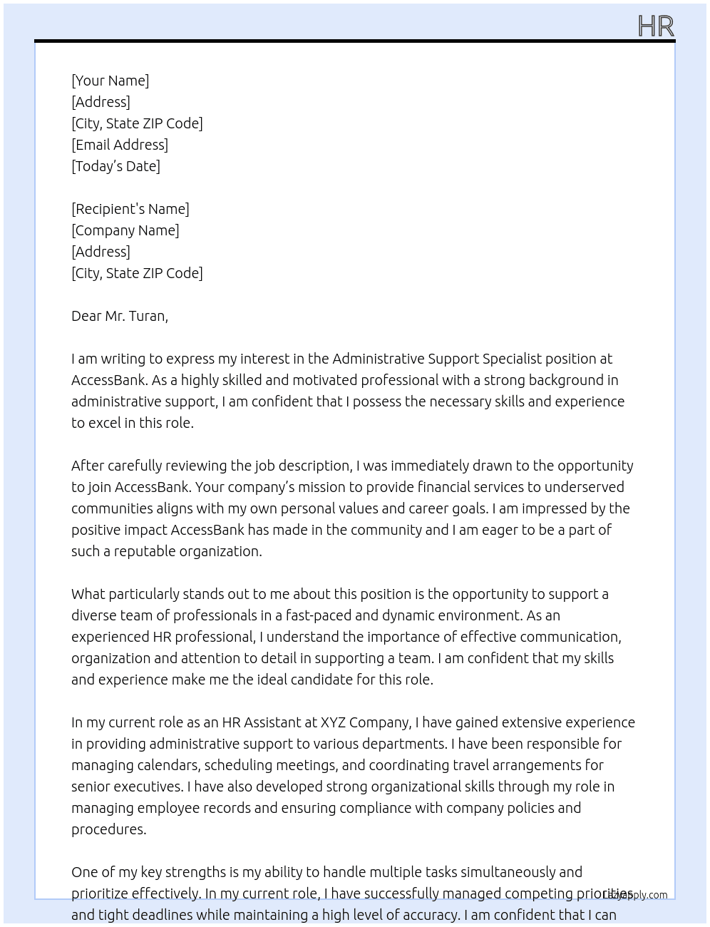 Administrative Support Specialist At AccessBank Cover Letter