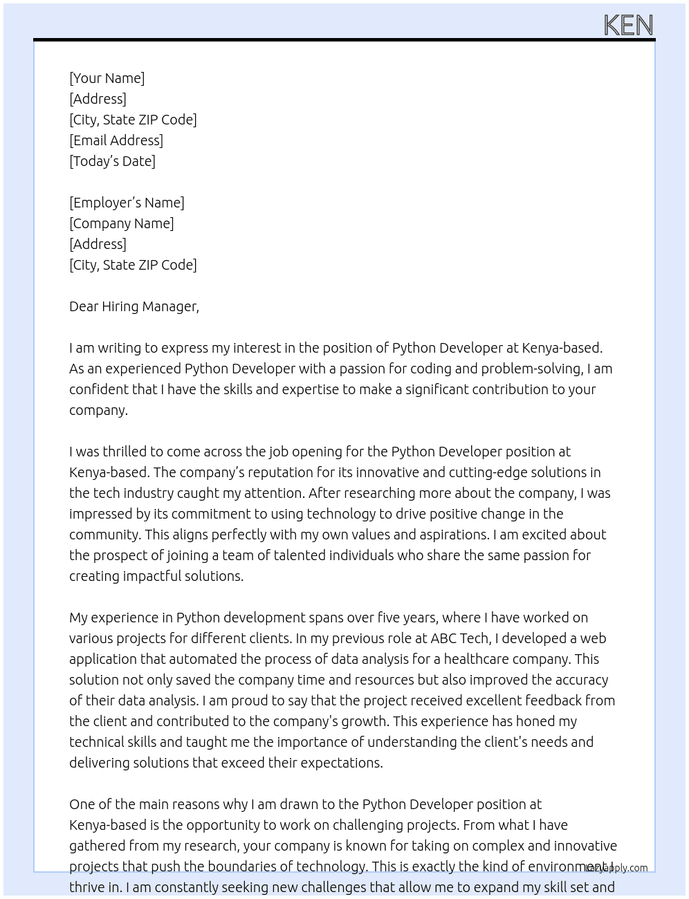 python developer At kenya-based Cover Letter