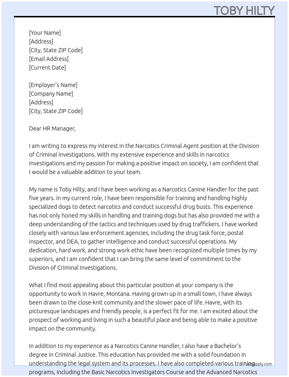 Narcotics Criminal Agent At Division of Criminal Investigations Cover Letter