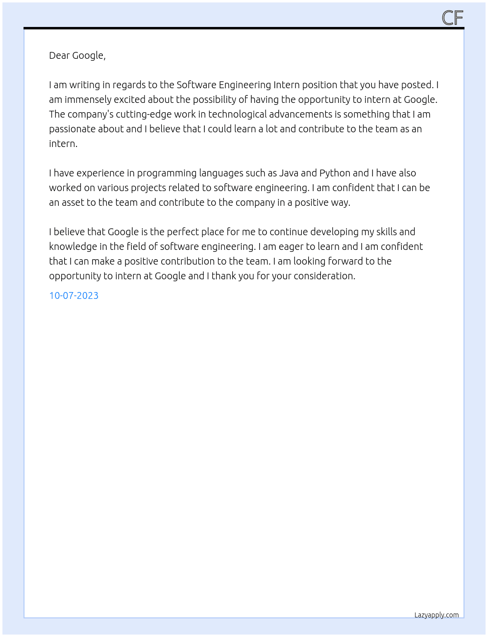 Software Engineering Intern At google Cover Letter