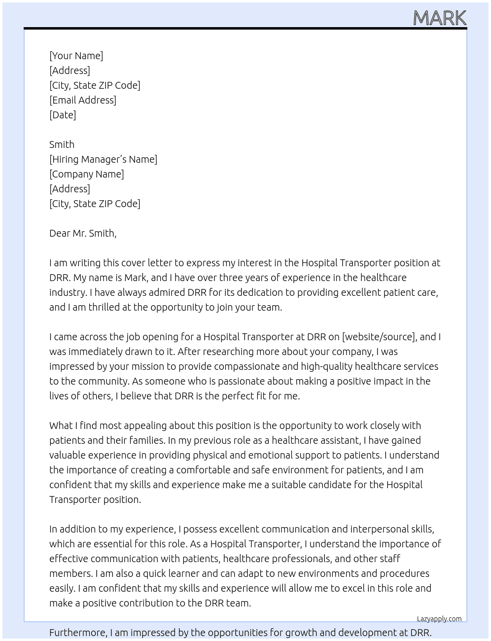 hospital transporter At drr Cover Letter