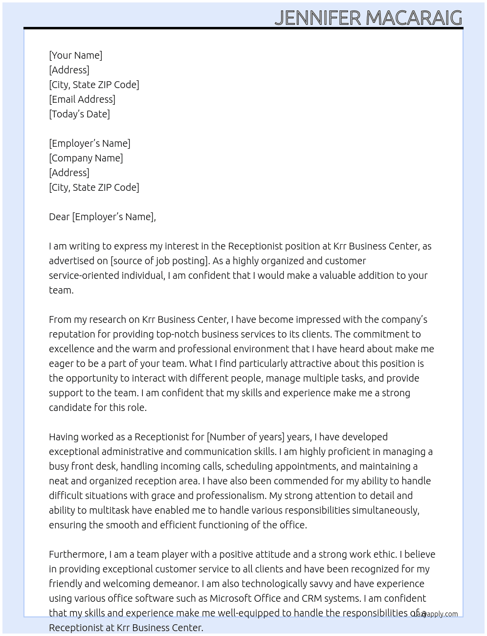 Receptionist At Krr Business Center Cover Letter