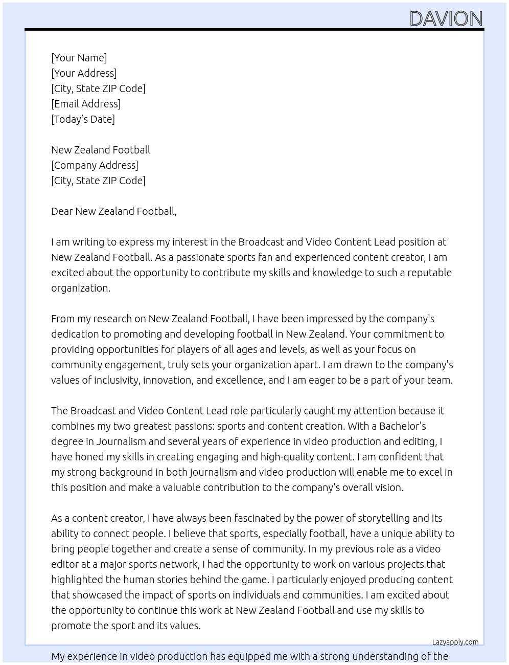 Broadcast and Video Content Lead At New Zealand Football Cover Letter