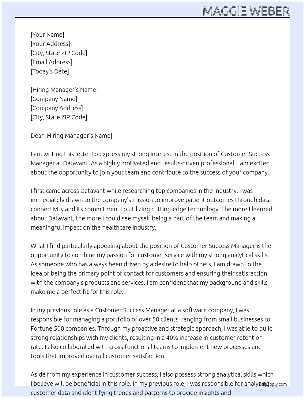 customer success manager At datavant Cover Letter
