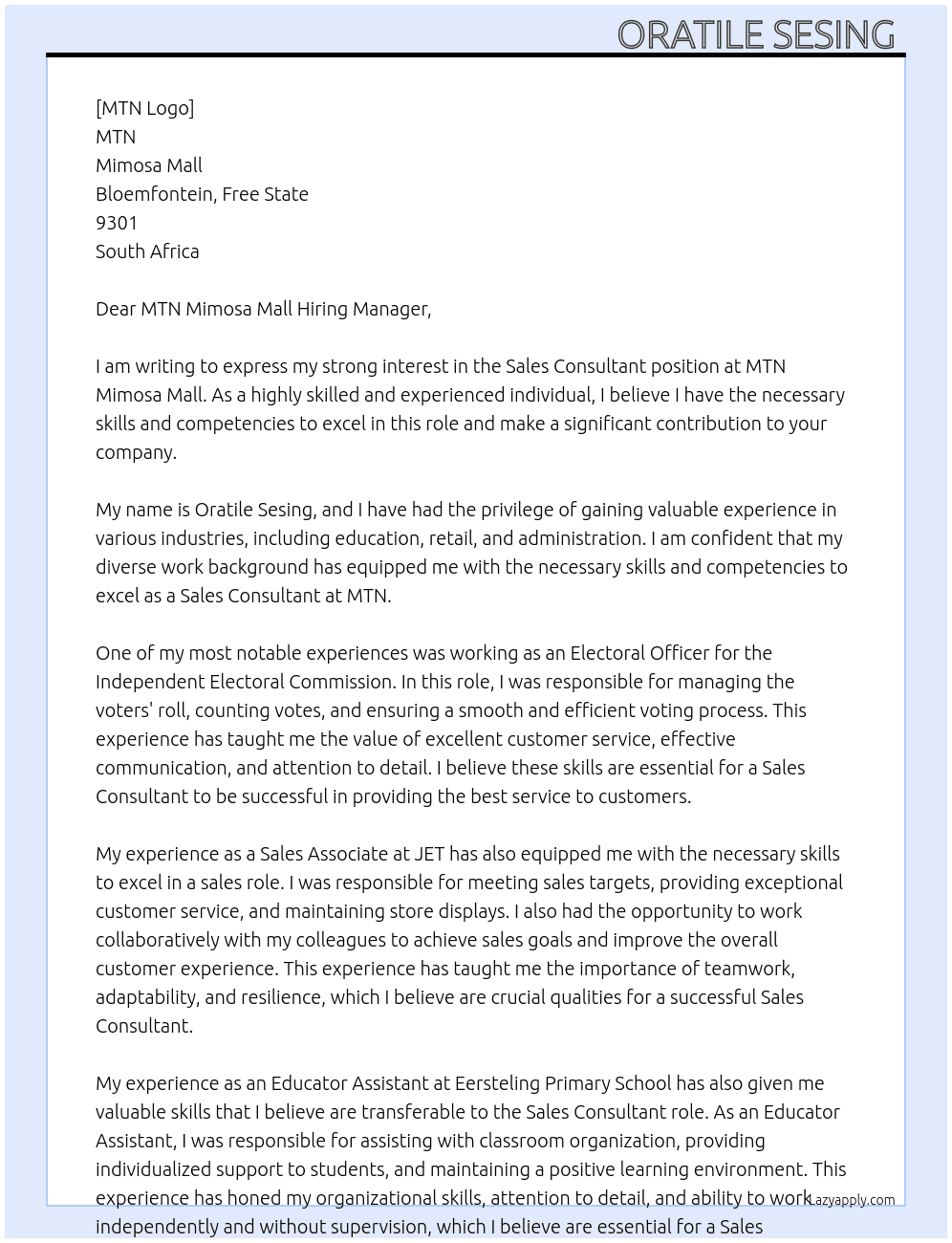 SALES CONSULTANT  At MTN  Cover Letter