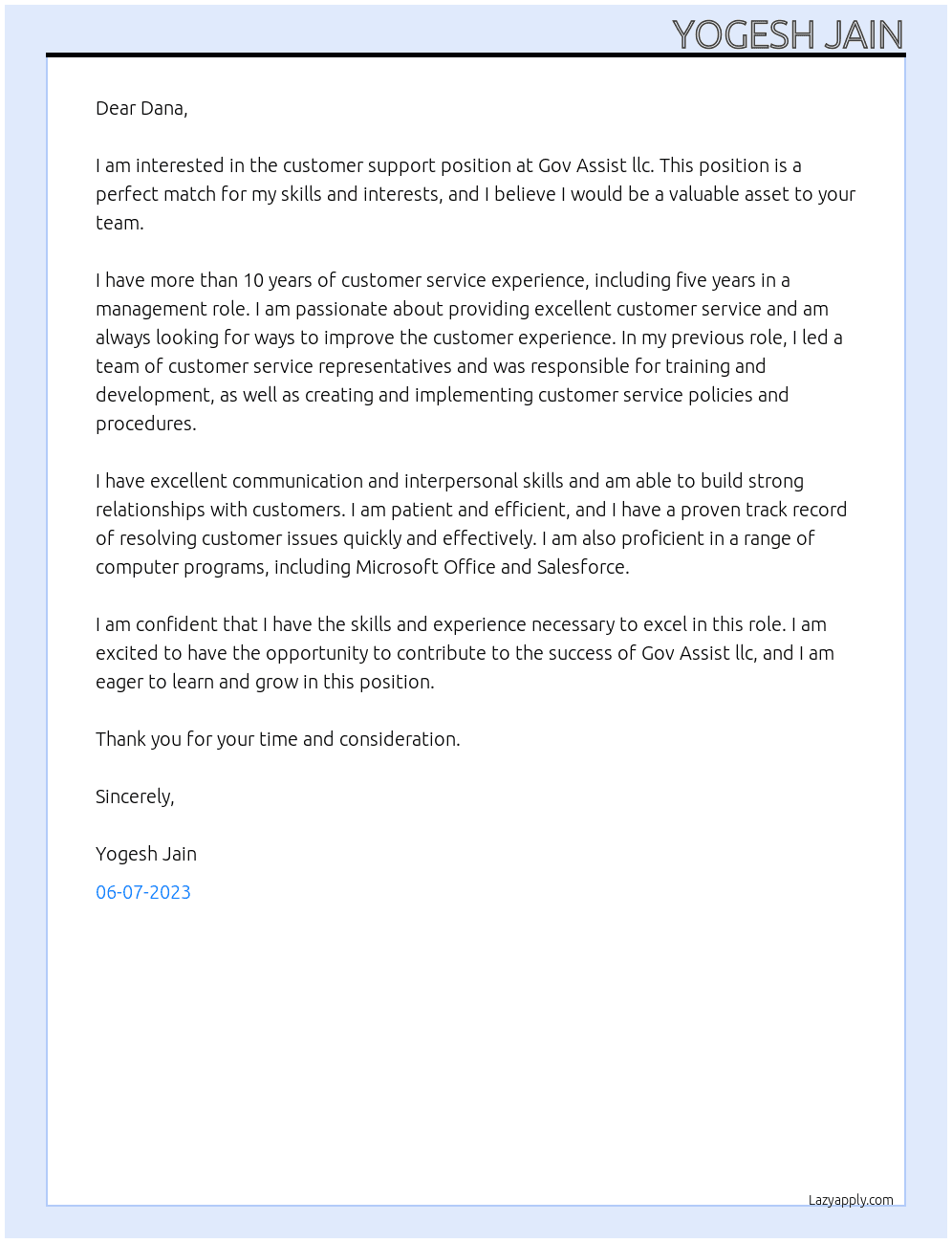 Customer support  At Gov Assist llc Cover Letter
