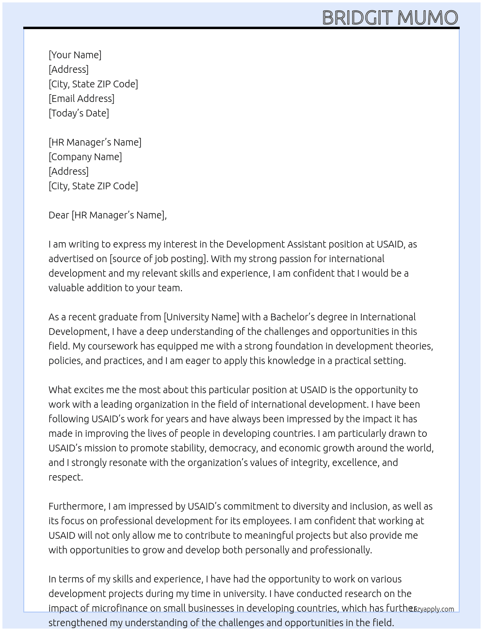Development assistant At USaid Cover Letter