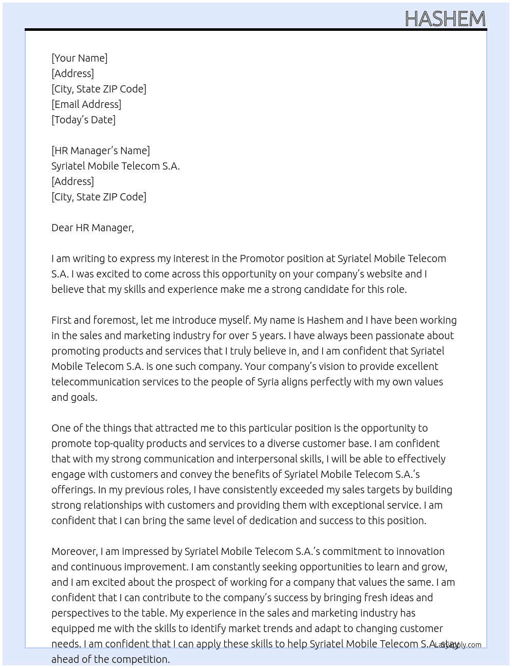 Promotor At Syriatel Mobile Telecom S.A. Cover Letter