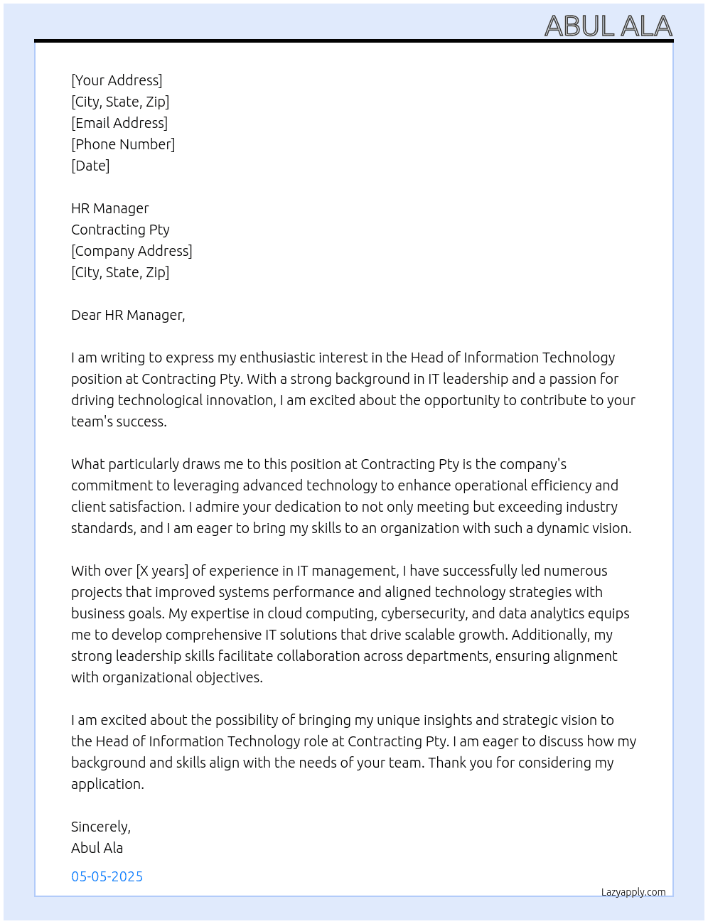 Cover letter for head of information technology - LazyApply