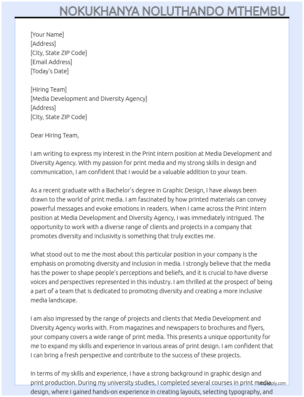 Print Intern At Media Development and Diversity Agency  Cover Letter