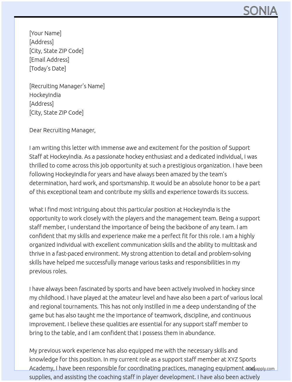 Support Staff At HockeyIndia Cover Letter