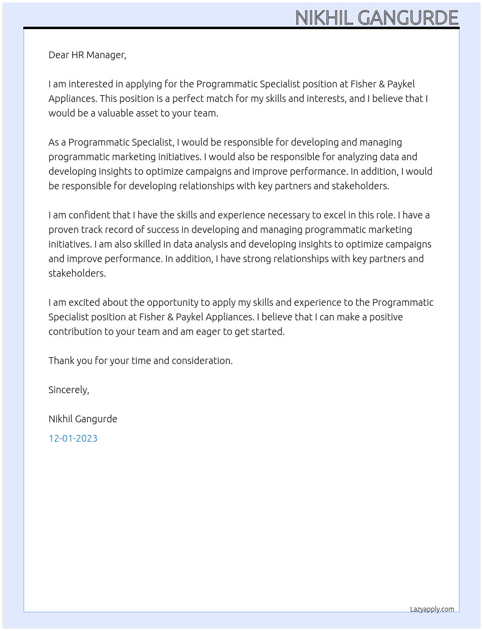 Programmatic Specialist At Fisher & Paykel Appliances Cover Letter