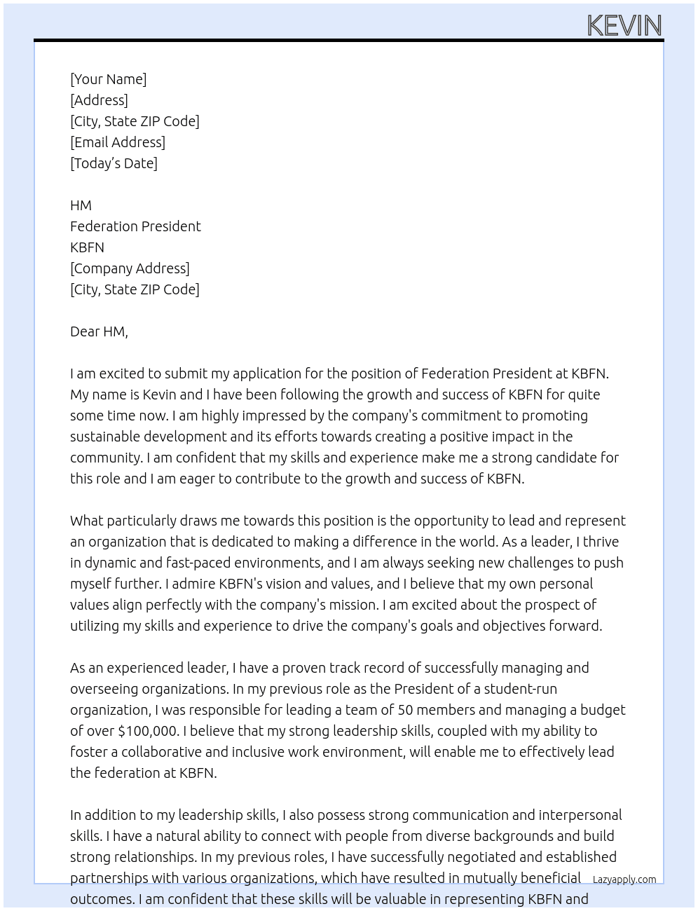federation president At KBFN Cover Letter
