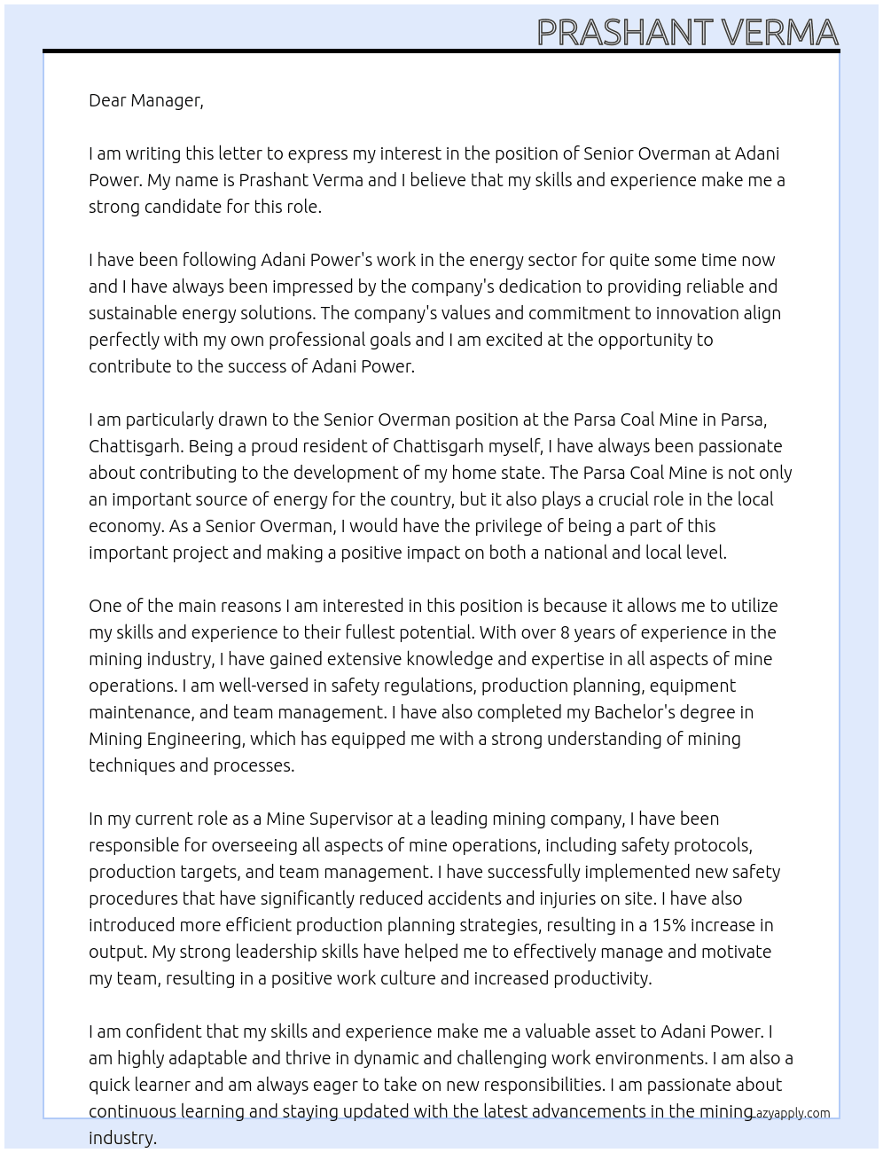 Cover letter for senior overman - LazyApply