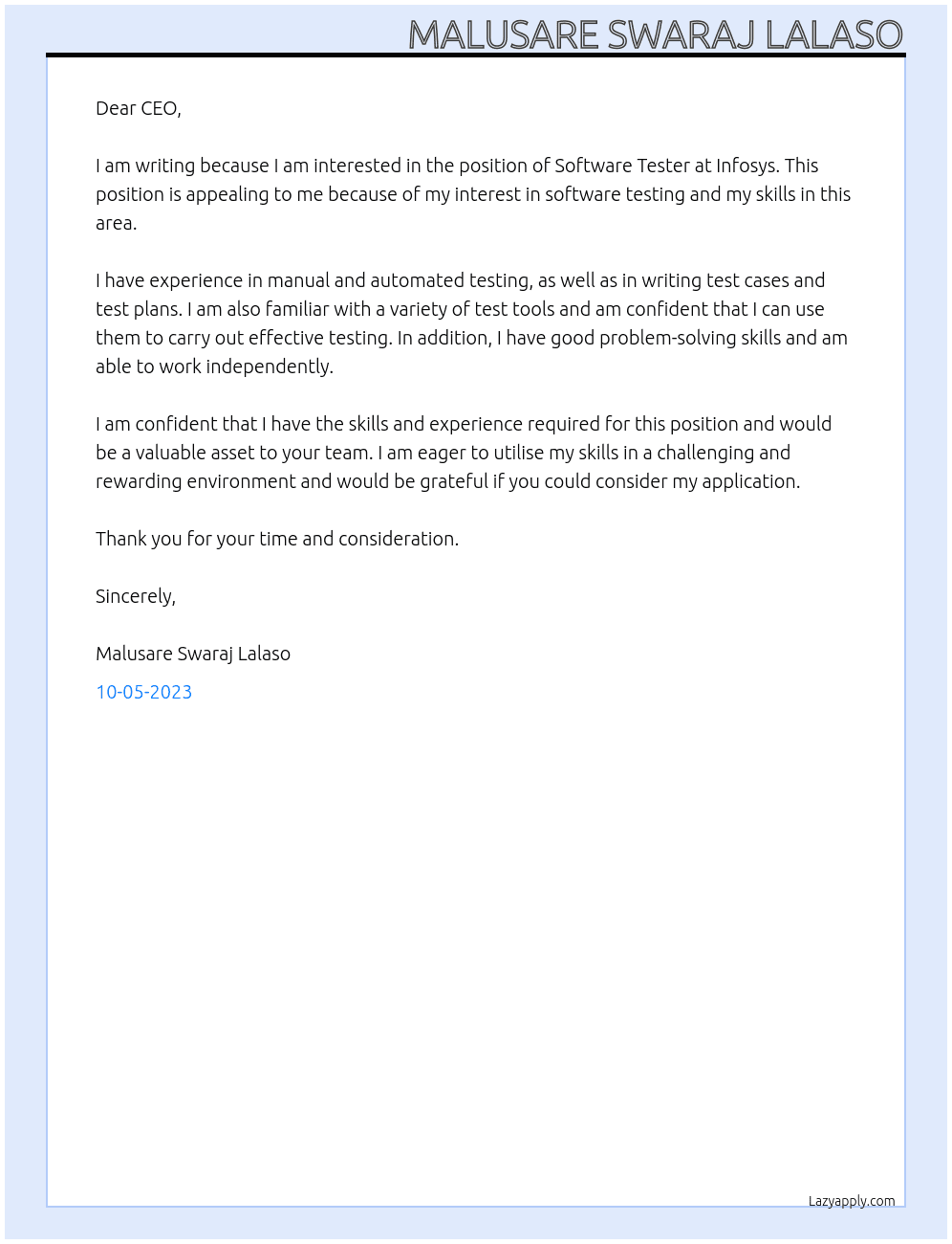 Software Tester At Infosys Cover Letter