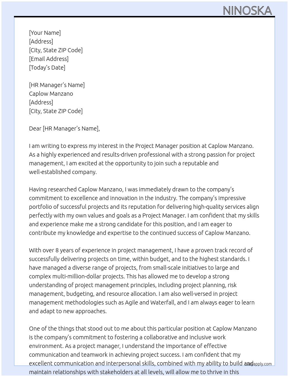 Project Manager At Caplow Manzano Cover Letter