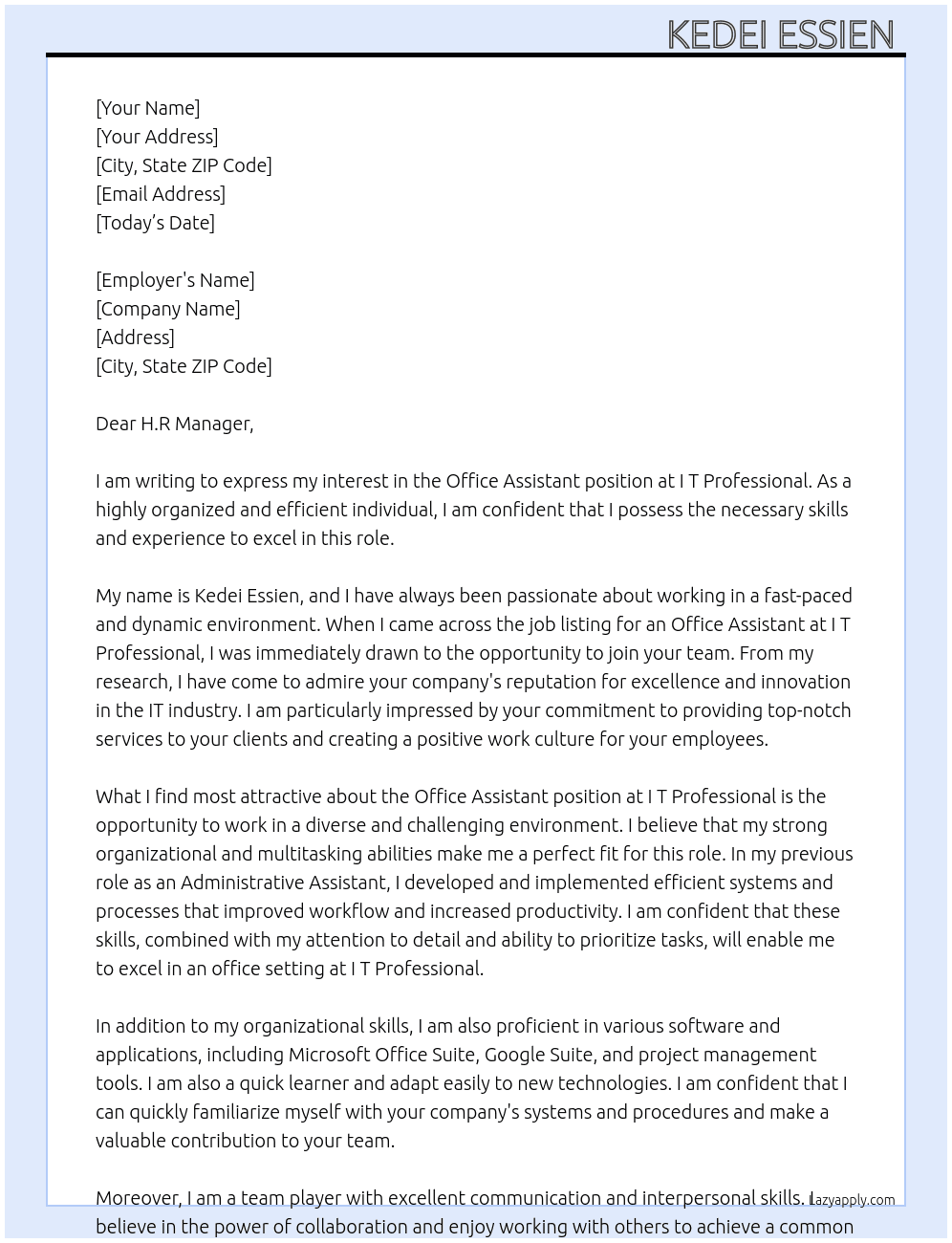 Office assistant  At I T professional  Cover Letter