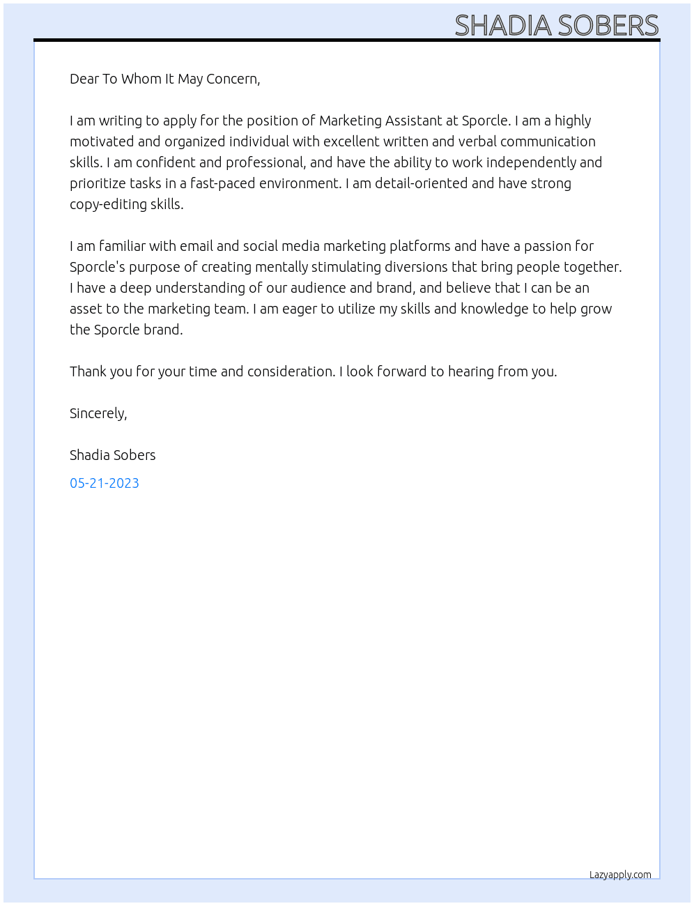 Marketing Assistant At Sporcle Cover Letter