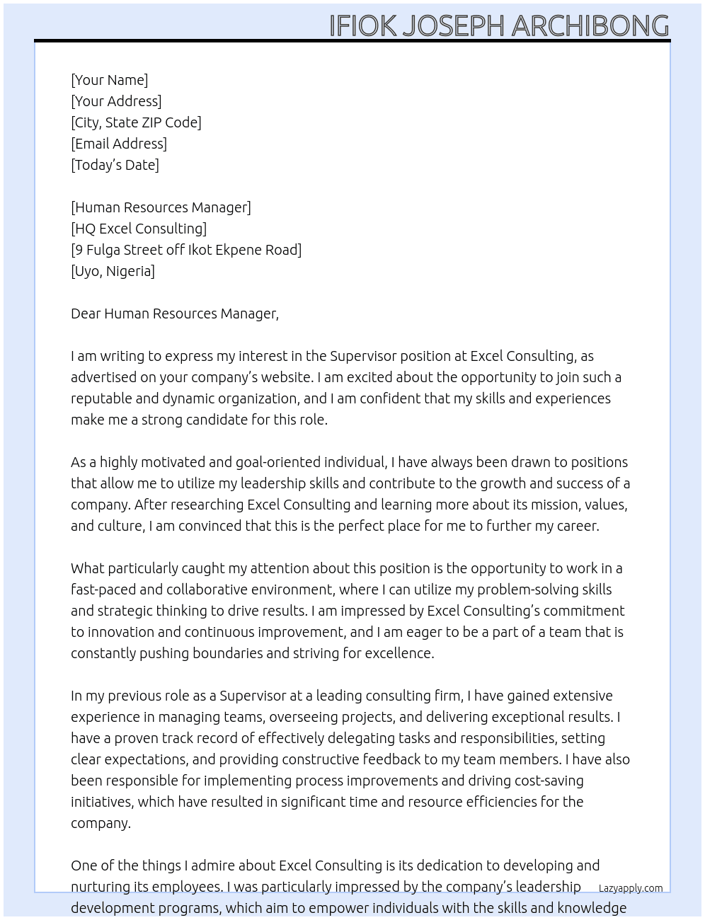 Supervisor At Excel consulting  Cover Letter