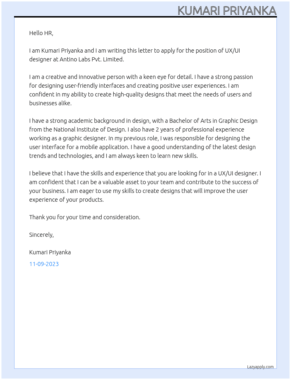 UX/UI designer At Antino Labs Pvt. Limited Cover Letter
