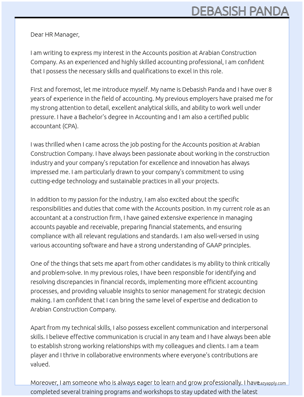 Accounts At Arabian constrction company Cover Letter