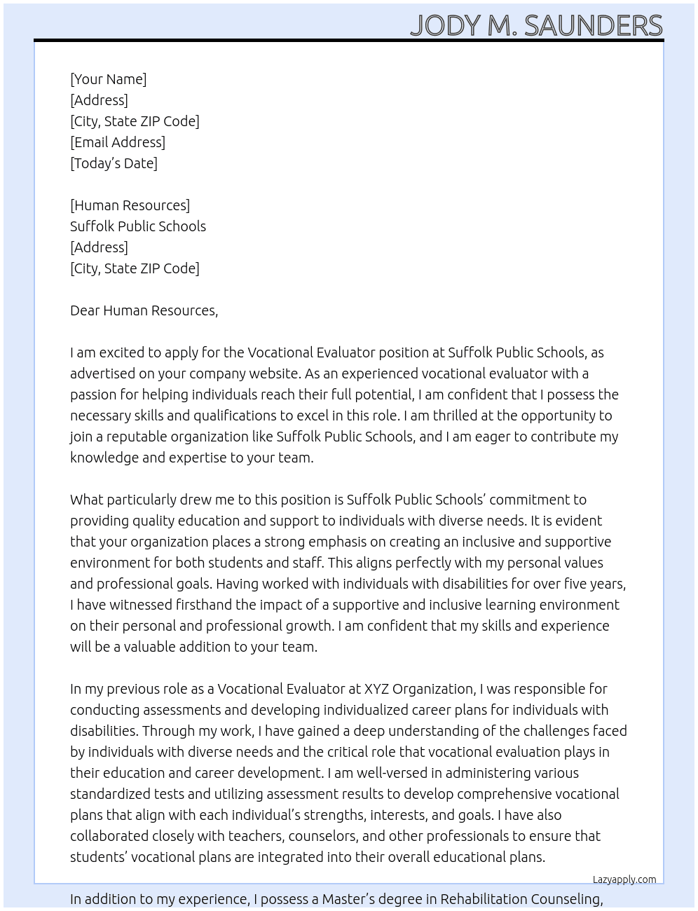 Vocational Evaluator At Suffolk Public Schools Cover Letter