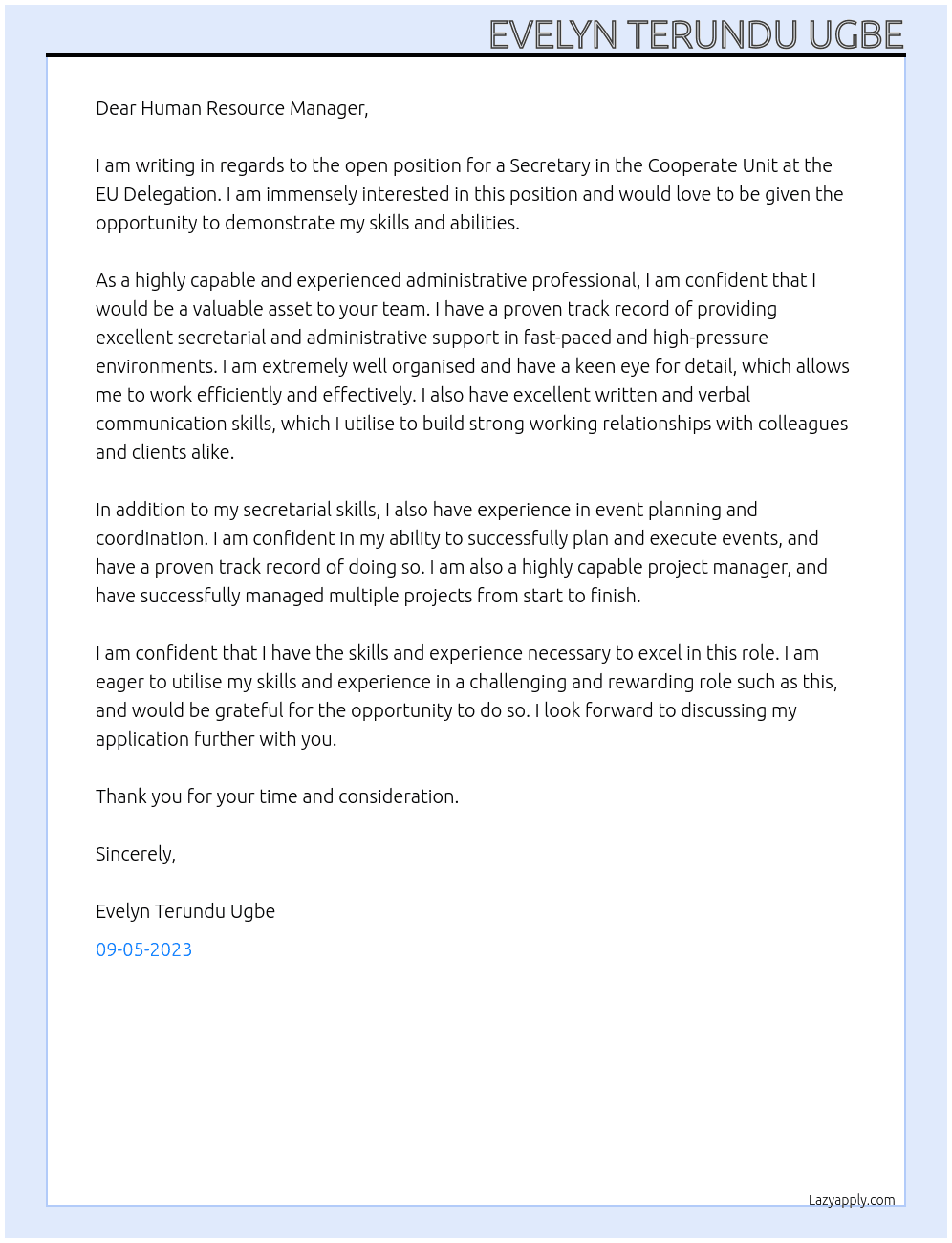 Secretary Cooperate Unit At EU Delegation  Cover Letter