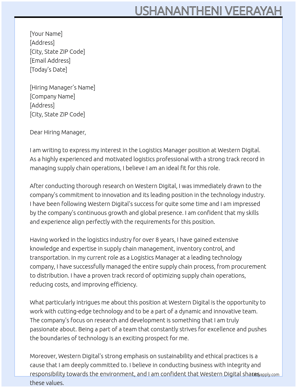 Logistics Manager At Western Digital Cover Letter