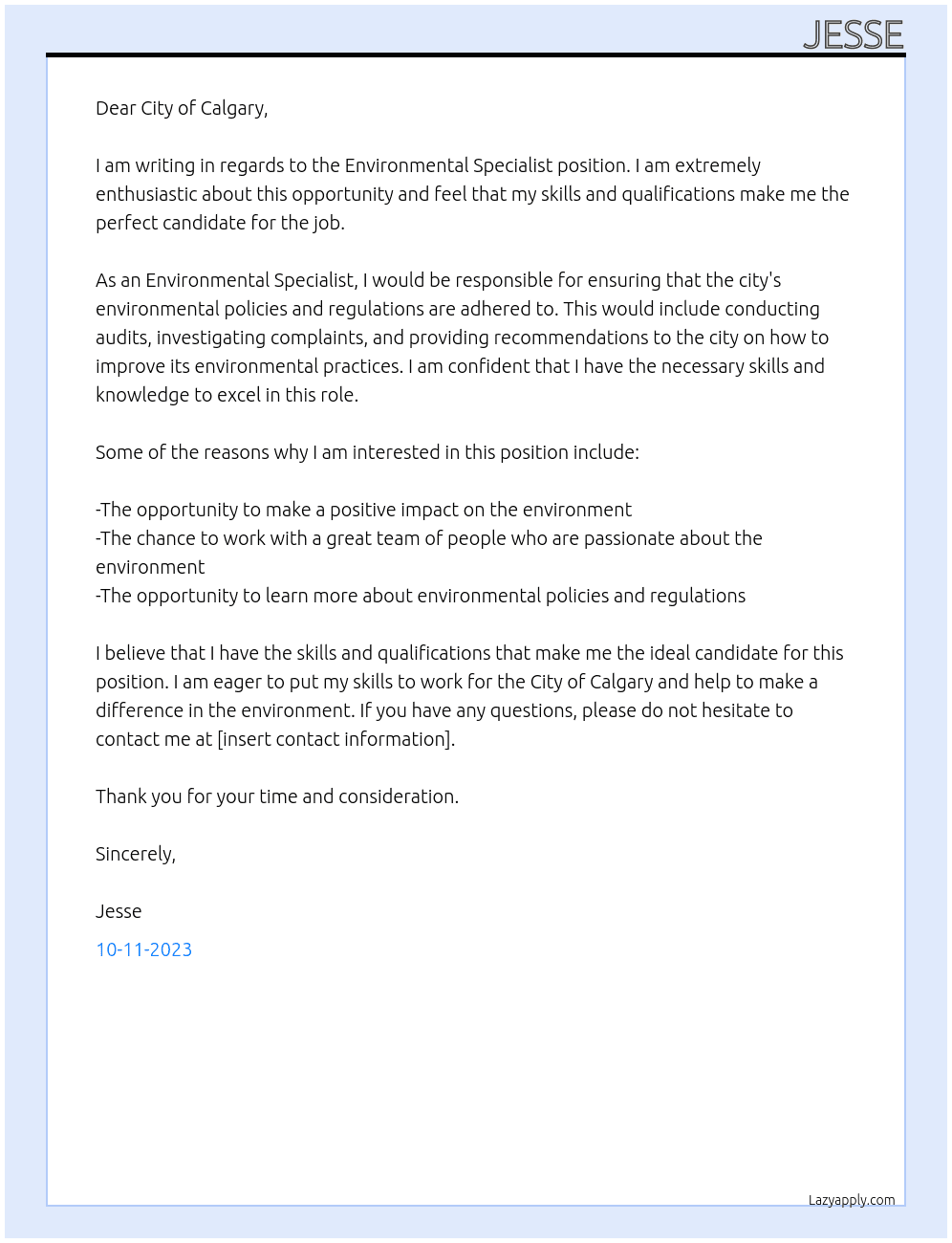 Environmental Specialist At City of Calgary Cover Letter