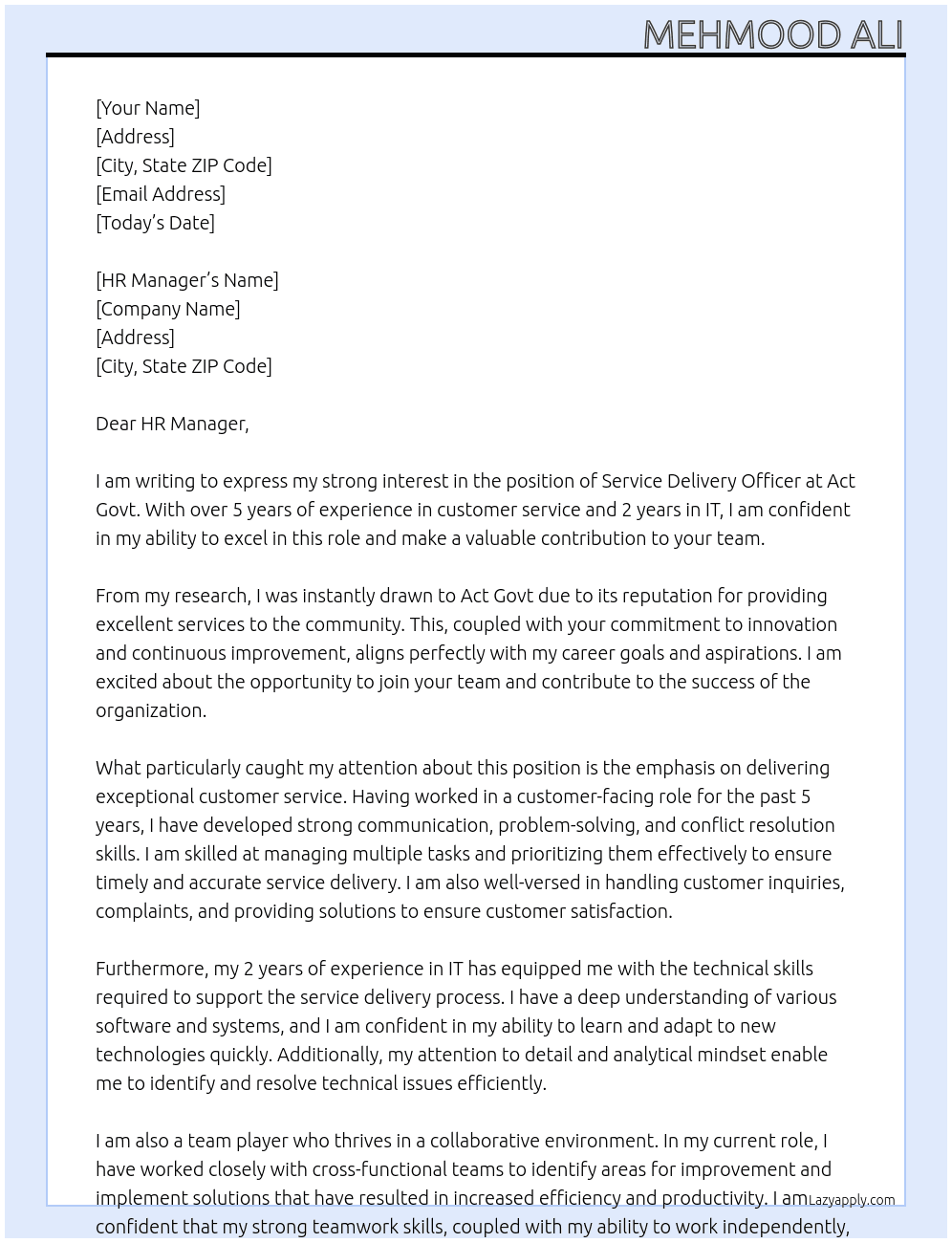 service deliver officer At Act Govt Cover Letter