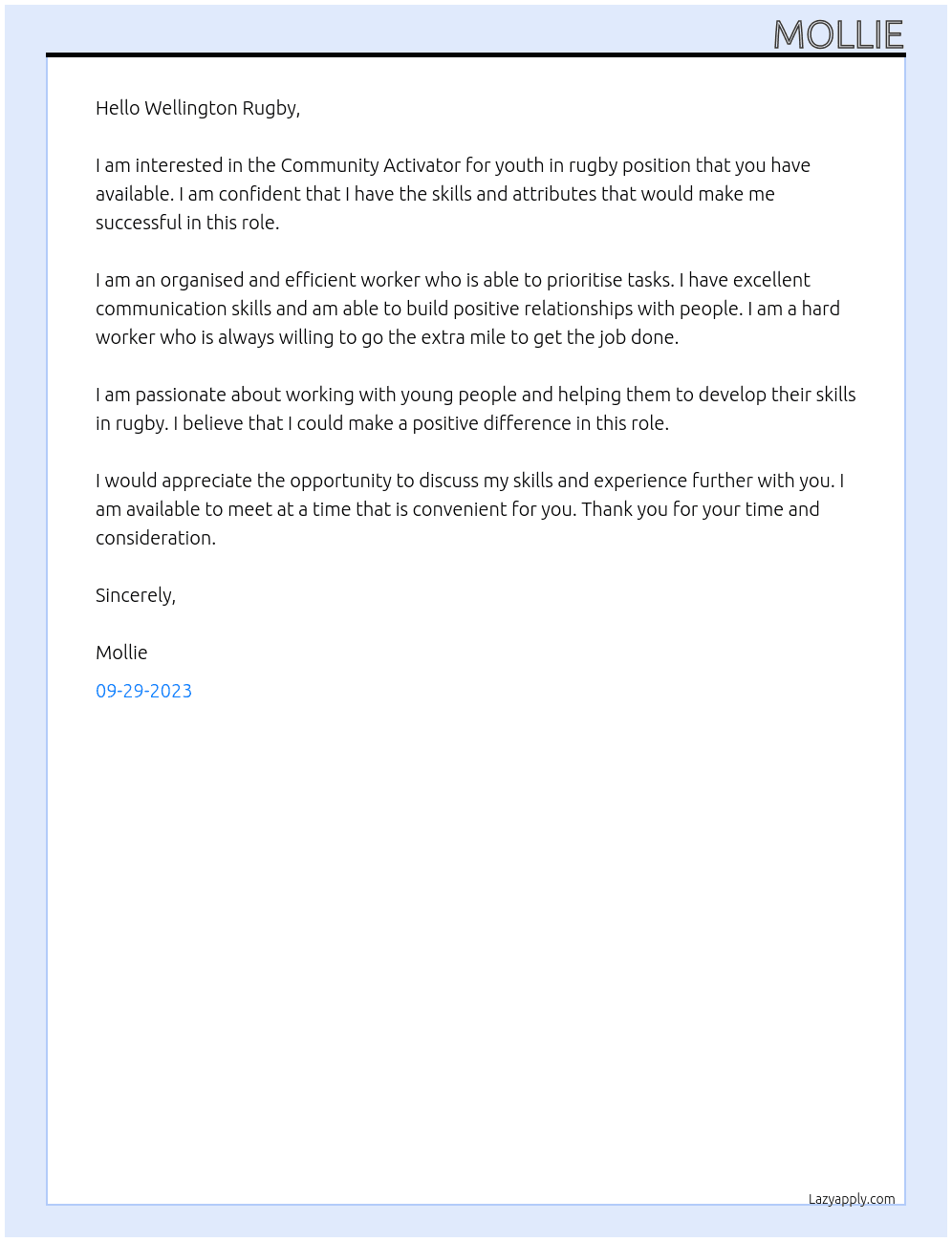 Community Activator for youth in rugby At Wellington Rugby Cover Letter