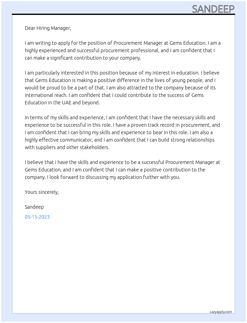 Procurement Manager At Gems Education Cover Letter
