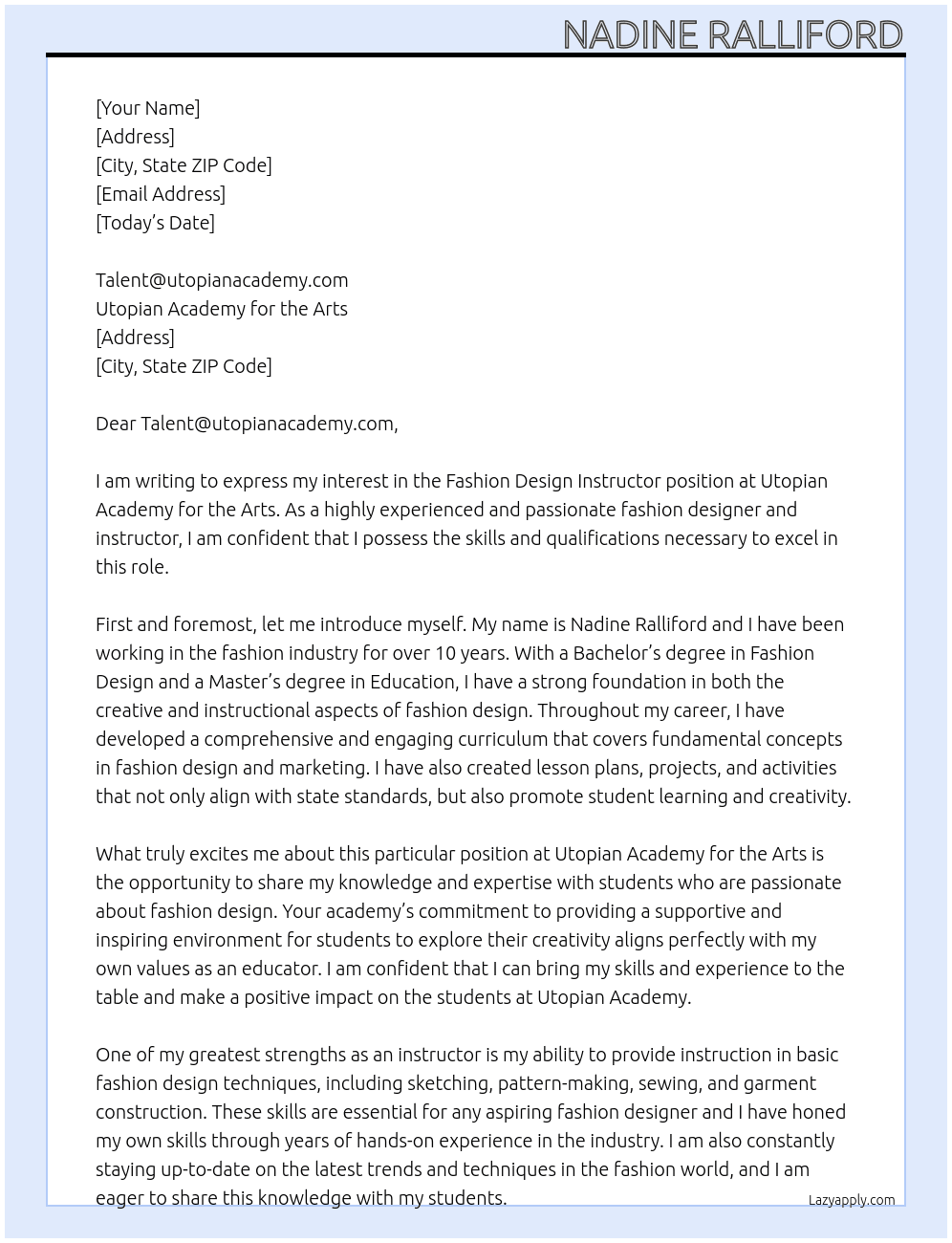 Fashion Design Instructer At Utopian academy for the arts Cover Letter