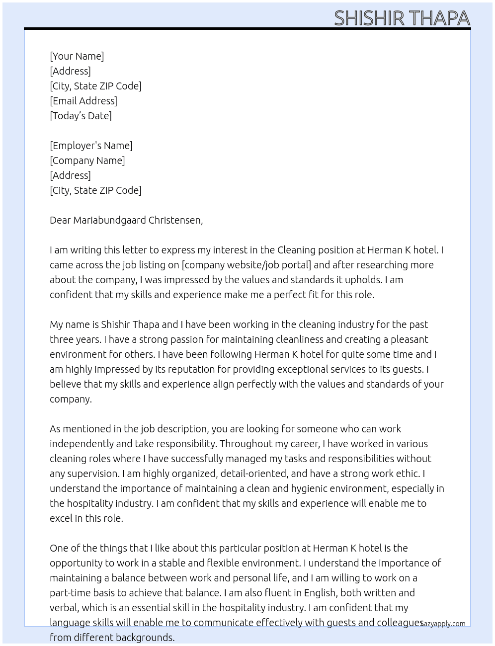 Cleaning  At Herman K hotel Cover Letter