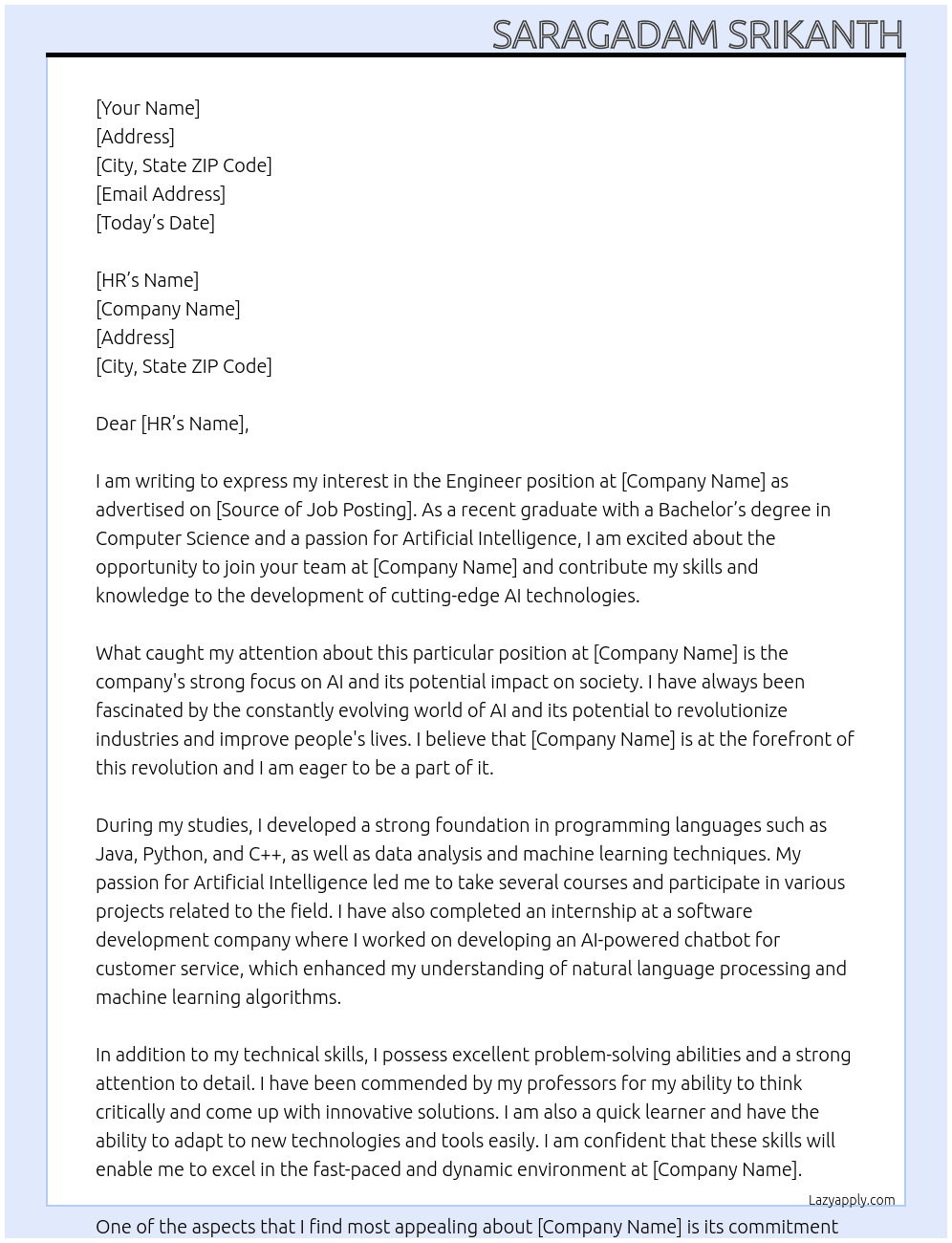 Engineer At Fresher Cover Letter