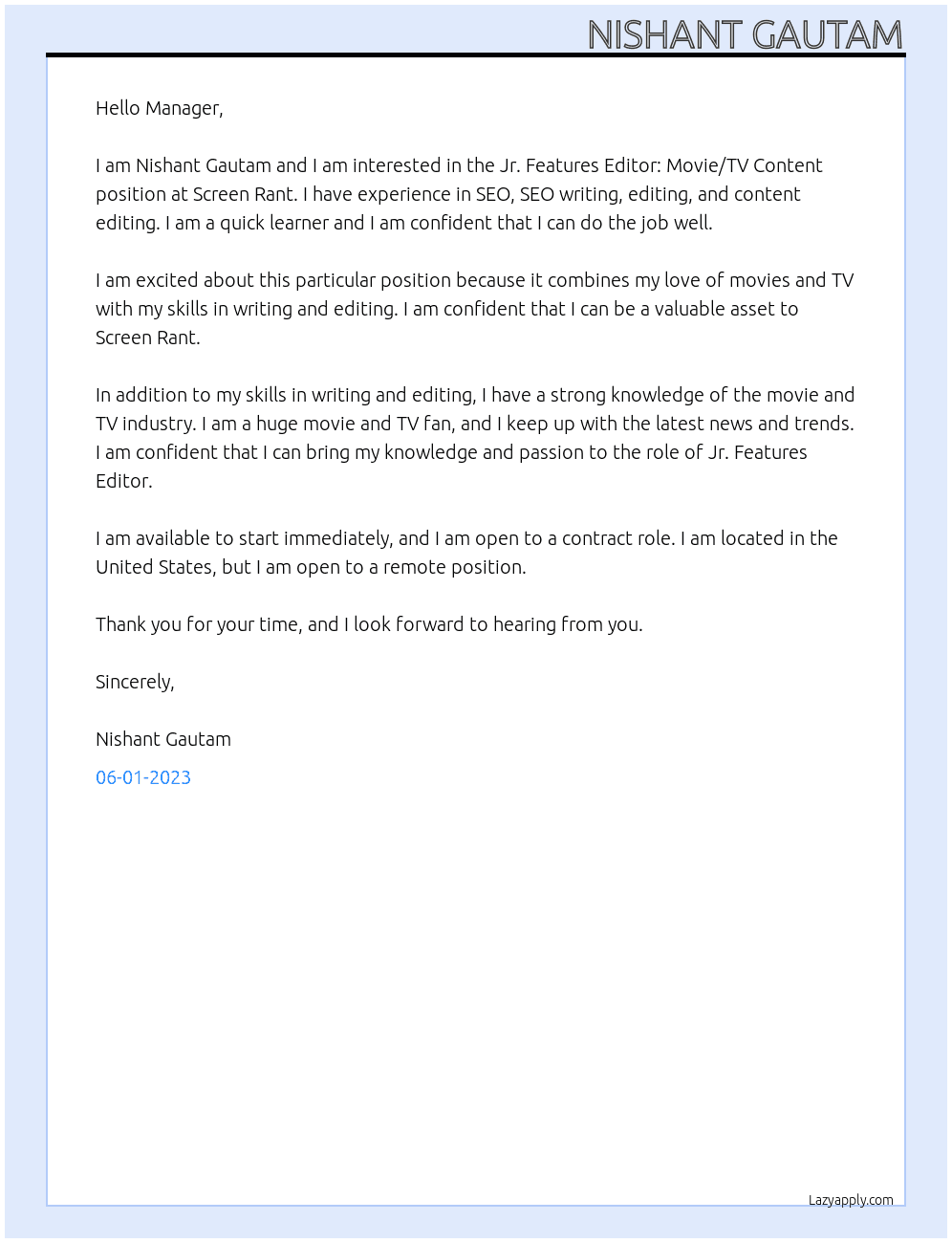 Jr. Features Editor: Movie/TV Content At Screen Rant Cover Letter