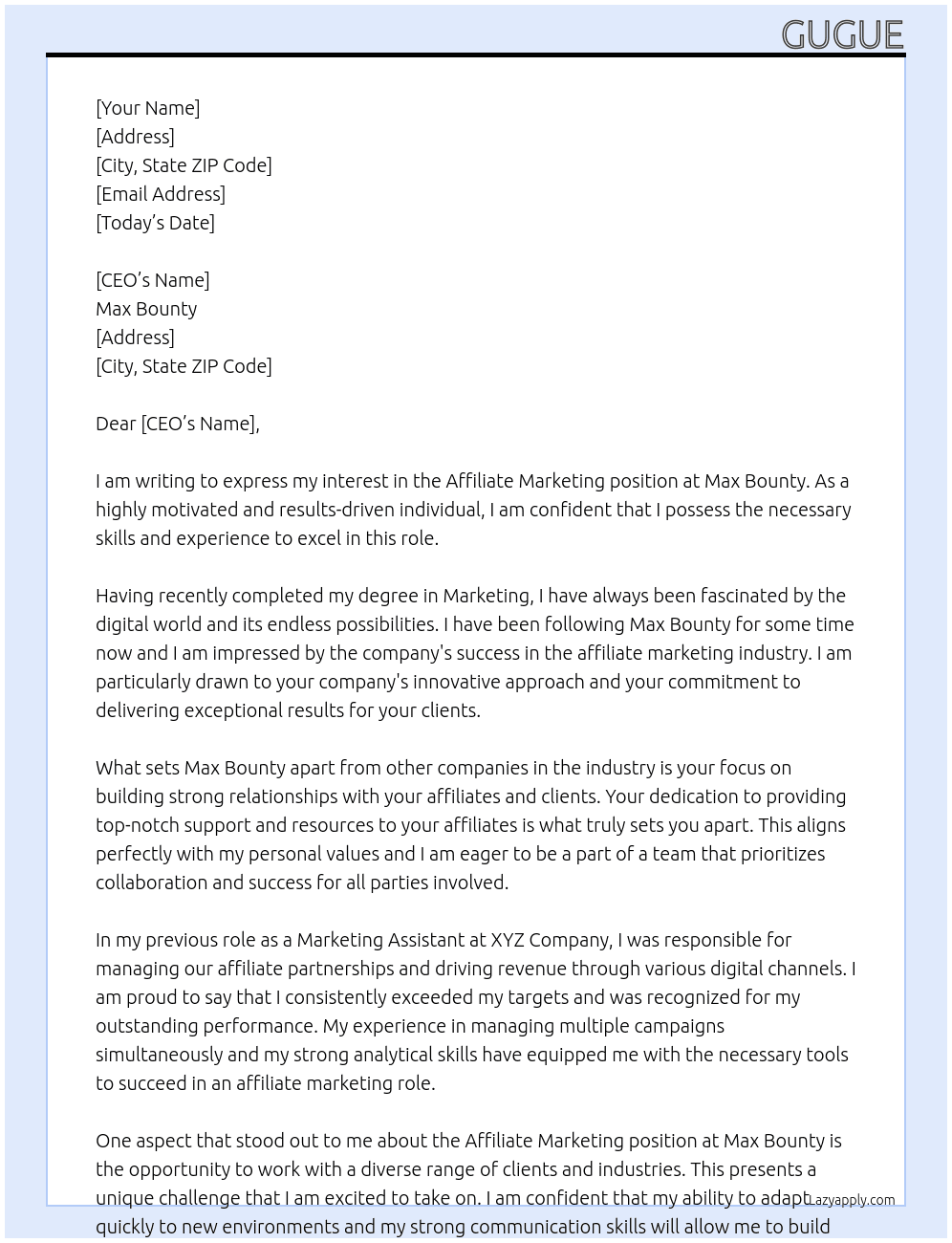 Affiliate marketing  At Max bounty Cover Letter