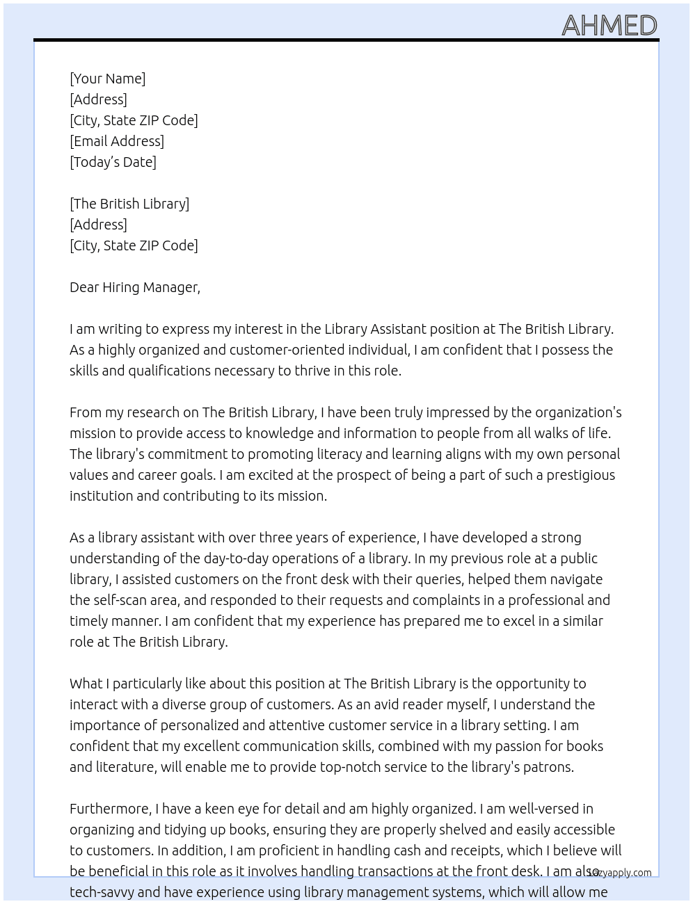 Library Assistant At The British Library Cover Letter
