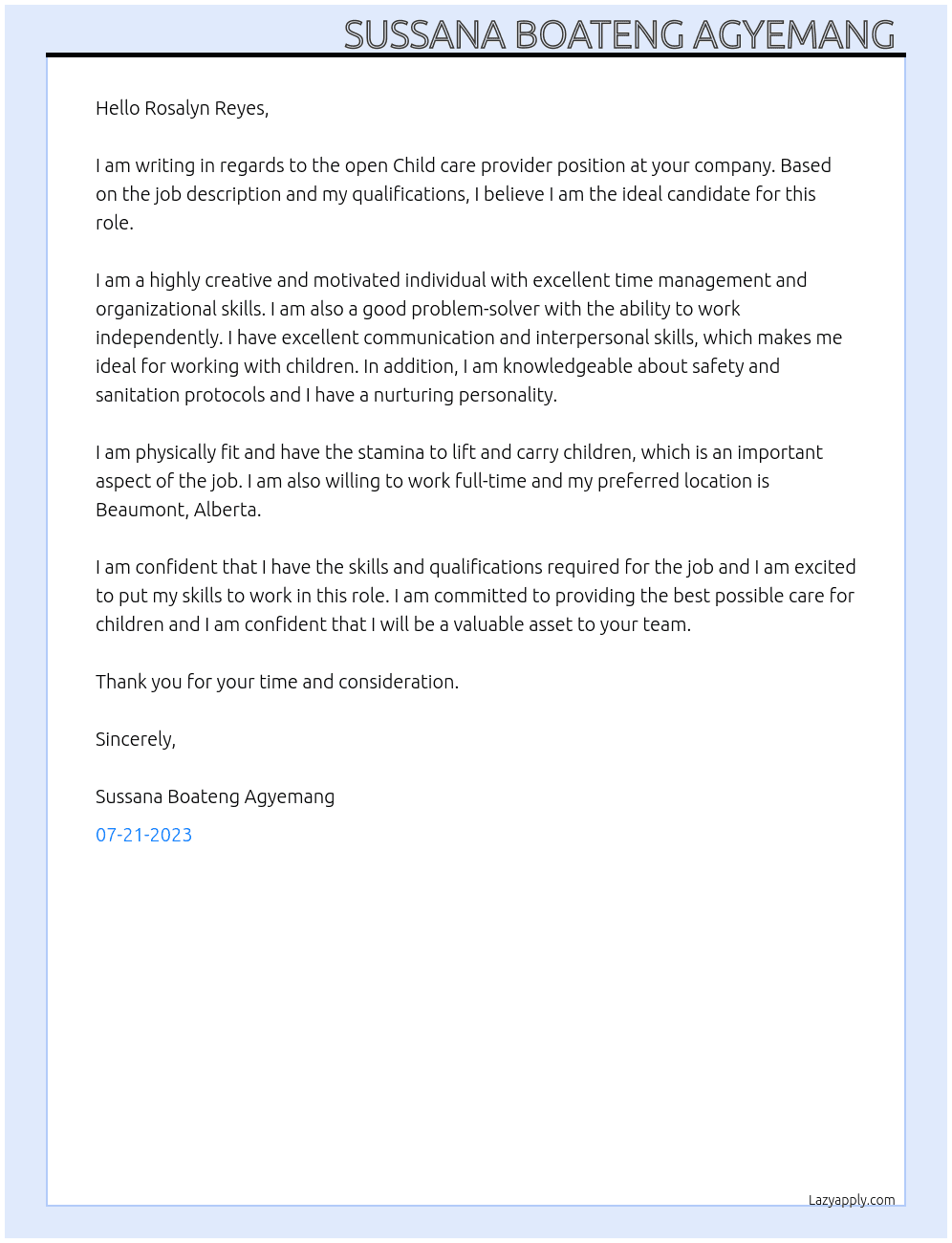 Child care provider  At Rosalyn Reyes  Cover Letter