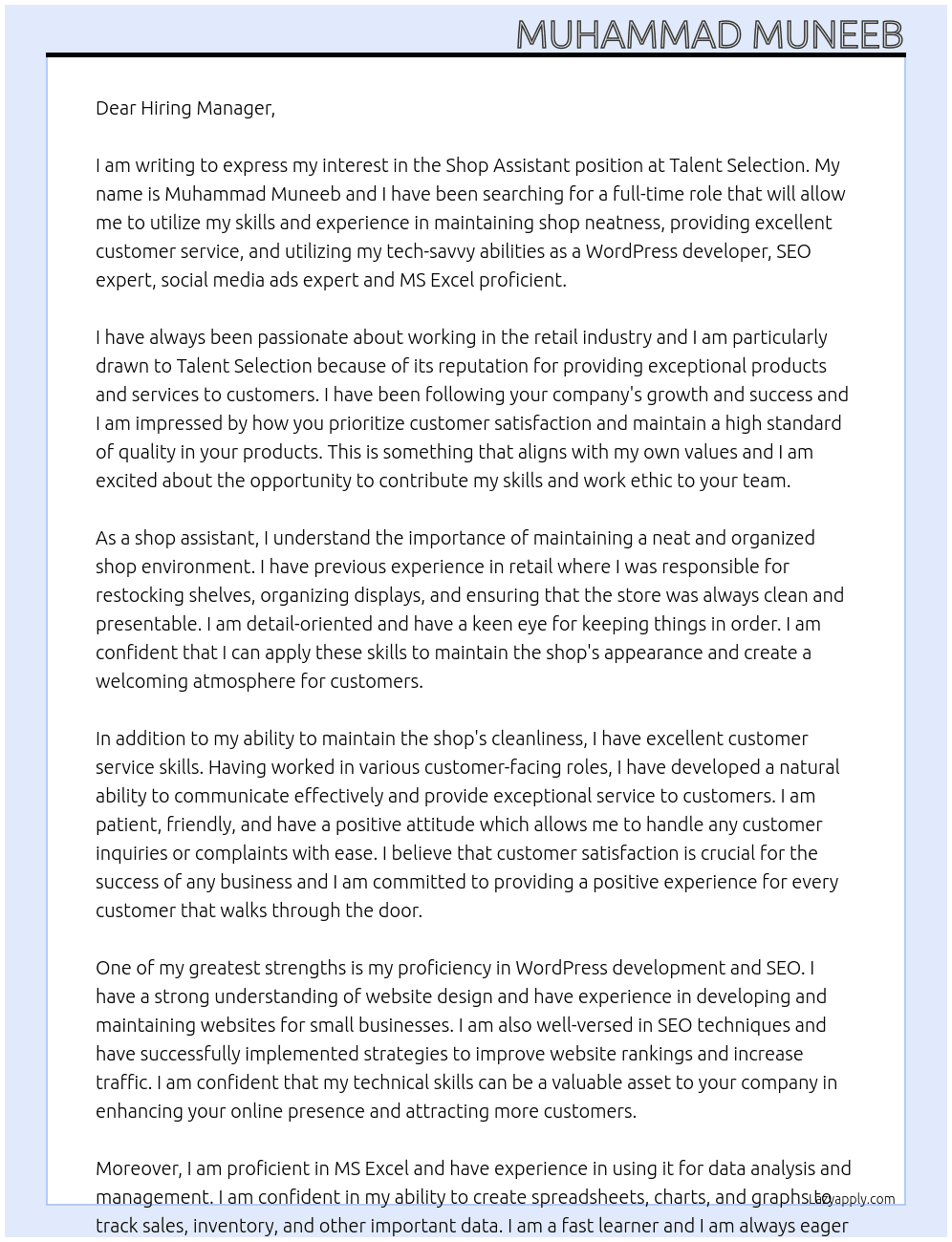 Shop assistant  At Talent selection  Cover Letter
