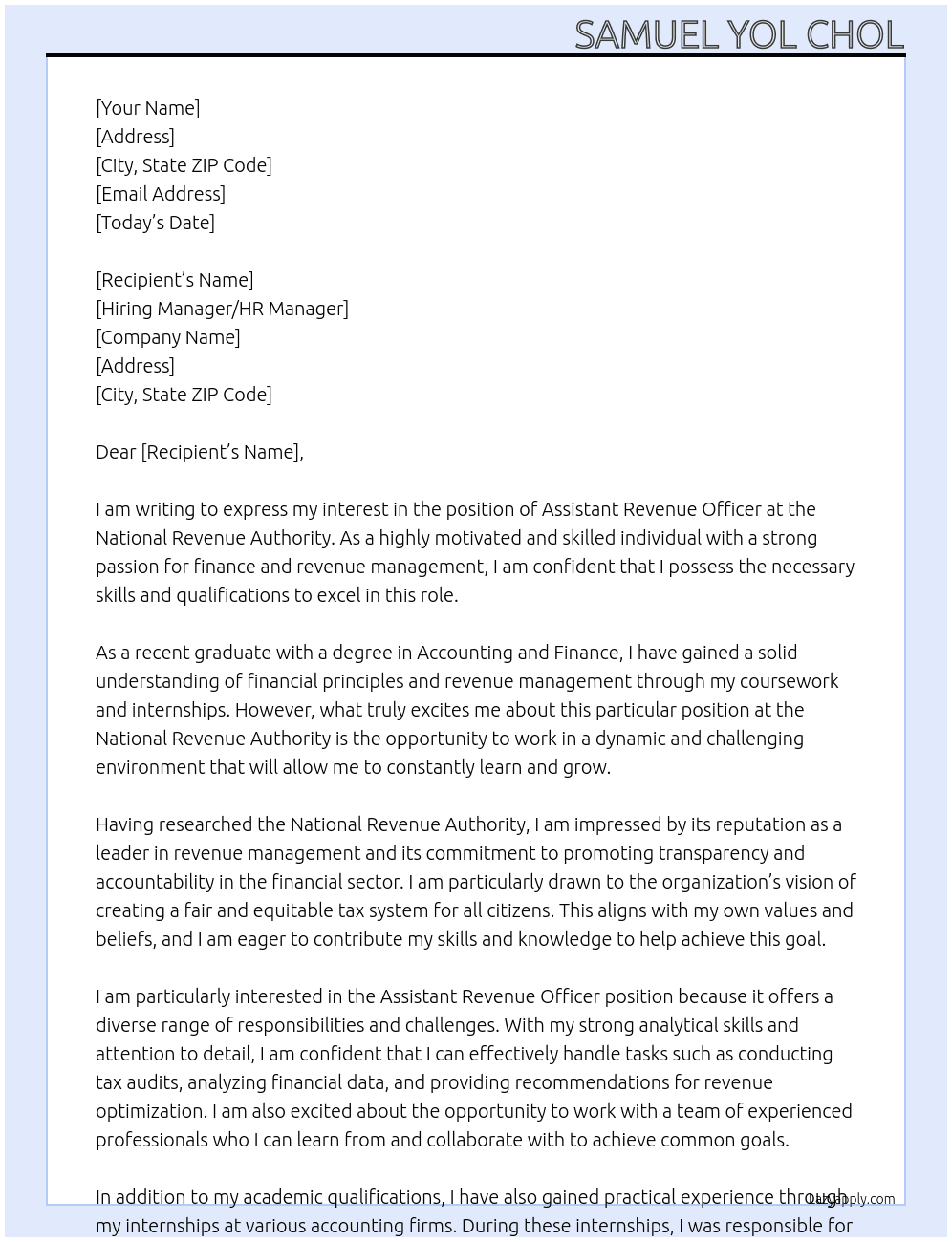 Assistant revenue officers At National Revenue Authority Cover Letter