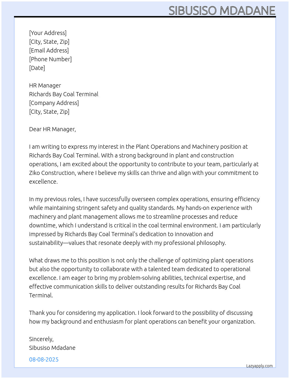 Plant operations and machinery  At Richards Bay Coal Terminal Cover Letter