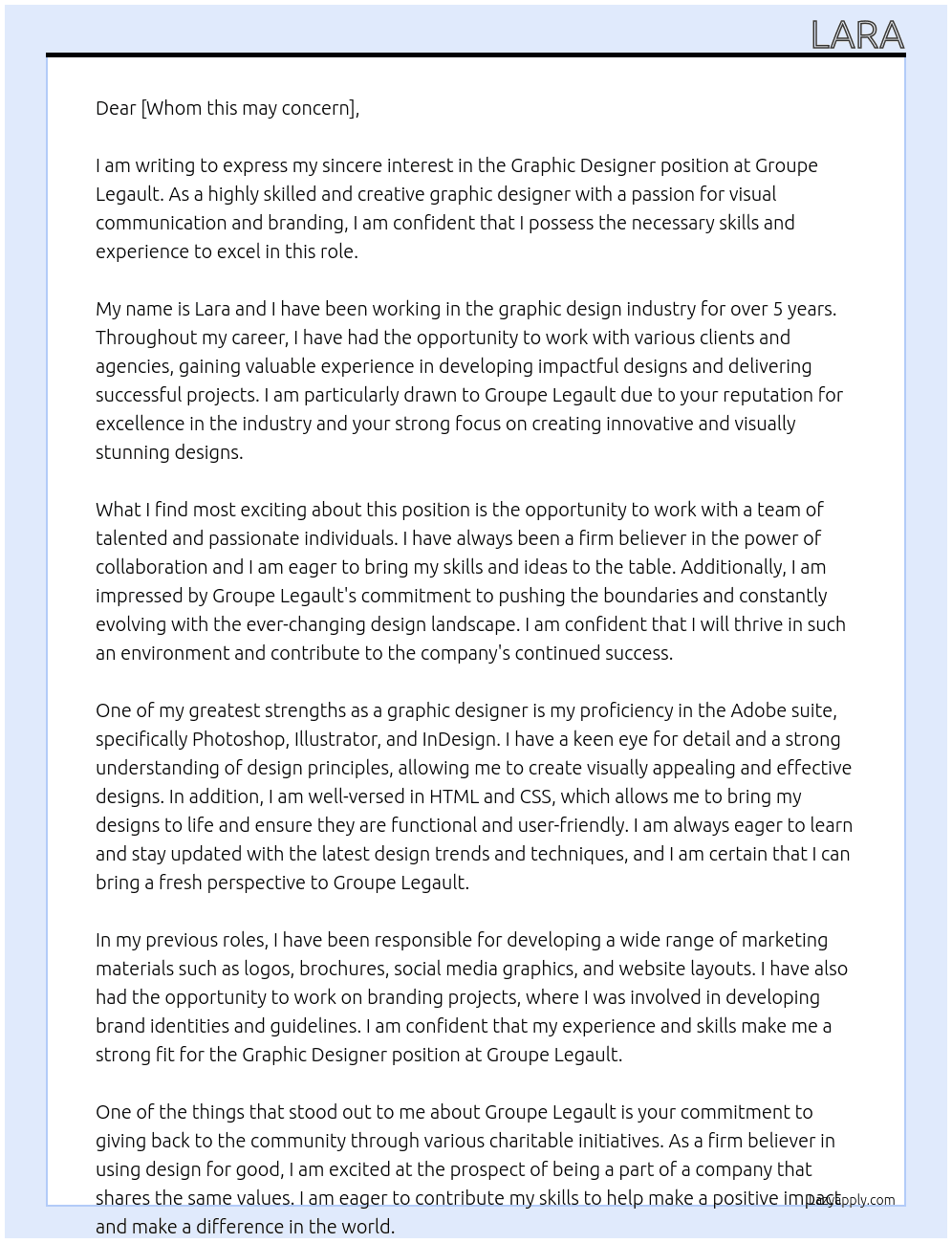 Graphic Designer At Groupe Legault Cover Letter