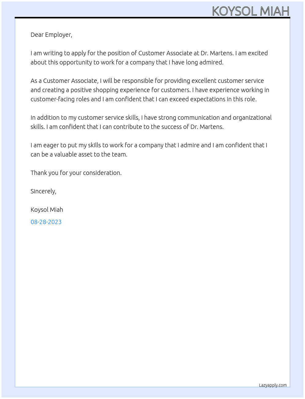 Customer Associate  At Dr. Martens Cover Letter