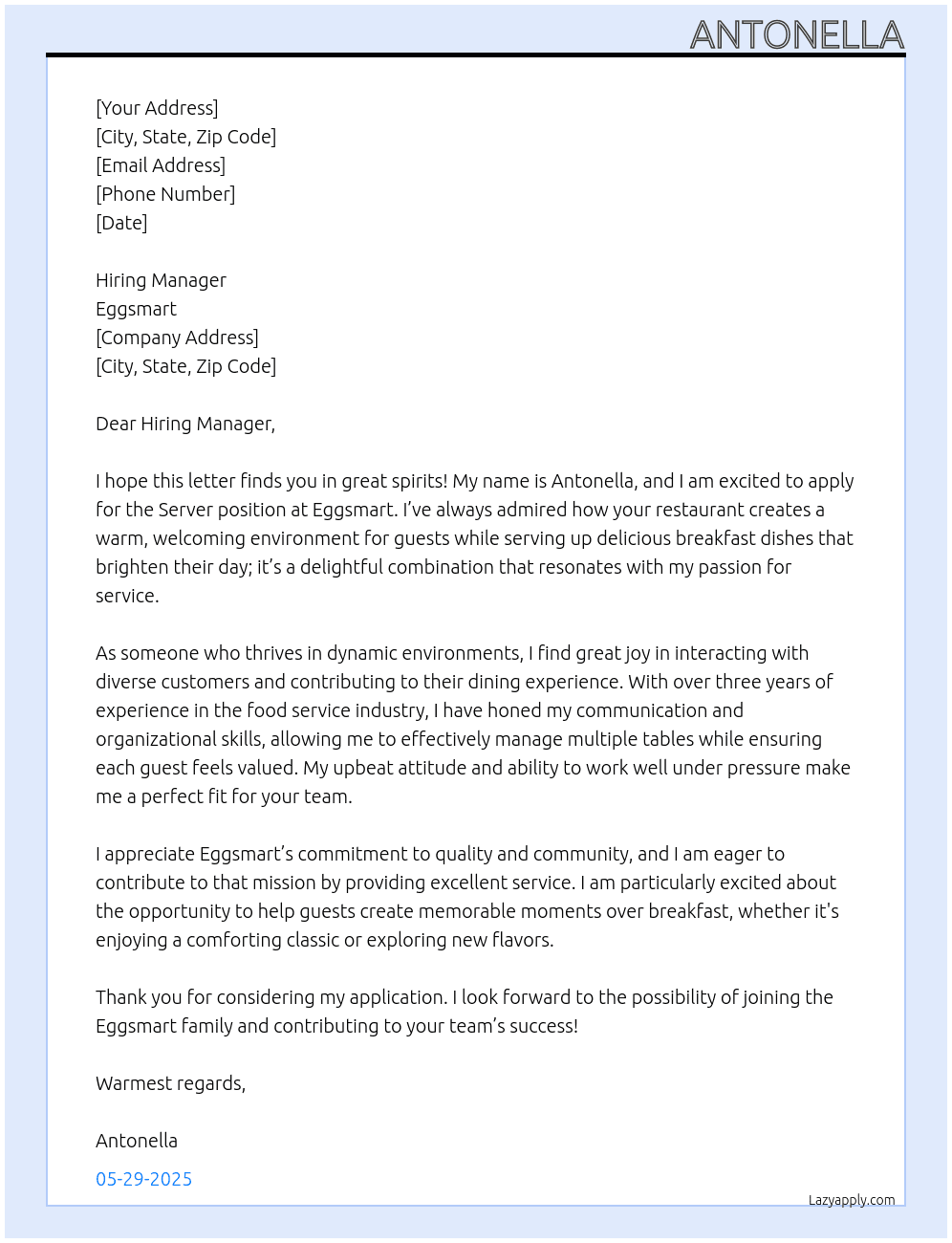server At Eggsmart Cover Letter