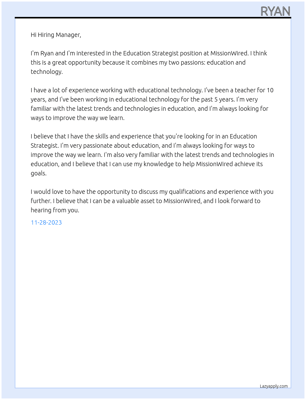 Education Strategist At MissionWired Cover Letter