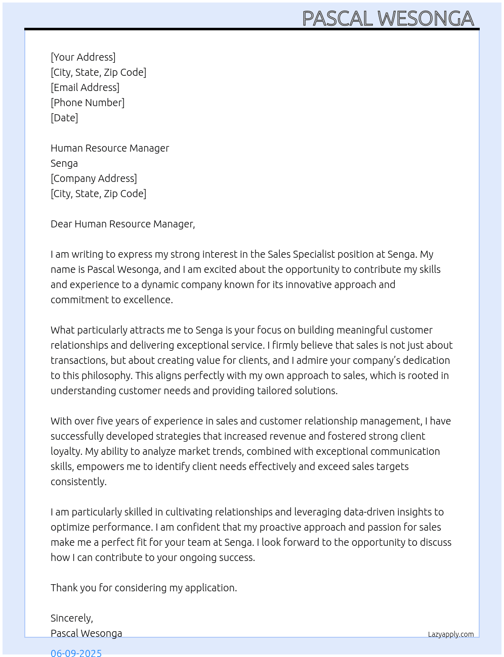 Sales Specialist At senga Cover Letter