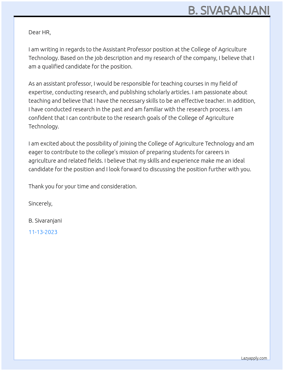 Assistant Professor At College of Agriculture Technology Cover Letter