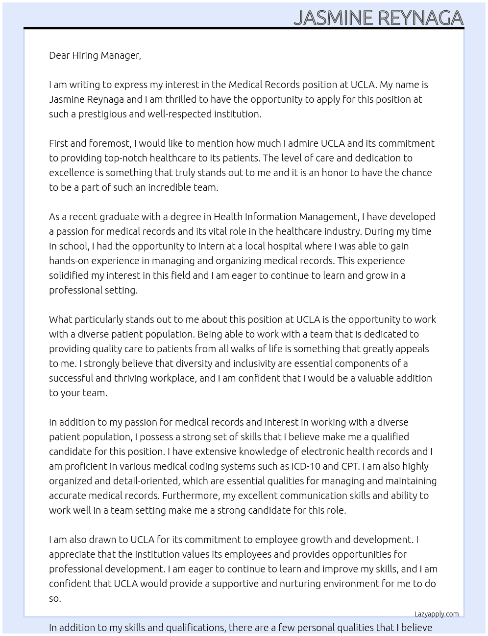 Medical Records At UCLA Cover Letter